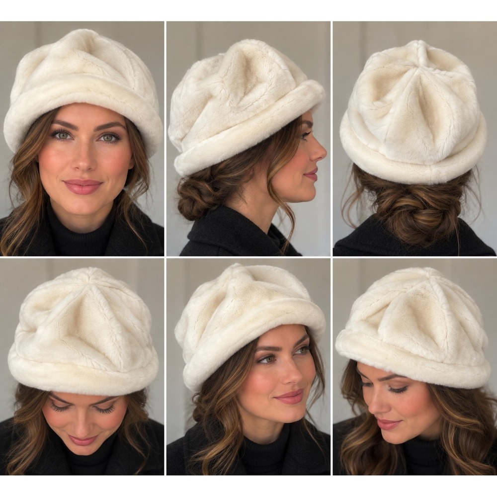 Vintage 60s Faux Fur Hat Cream Union Made Pillbox Beret Winter Glamour